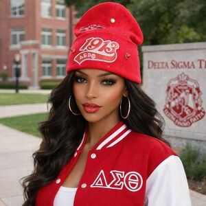 Delta Sigma Theta Red Beanie design with logo, rhinestones and pearls